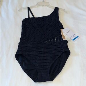 New Coco Reef One Piece Swimsuit, Black, One-Shoulder, Mesh Insert, Size 12, NWT